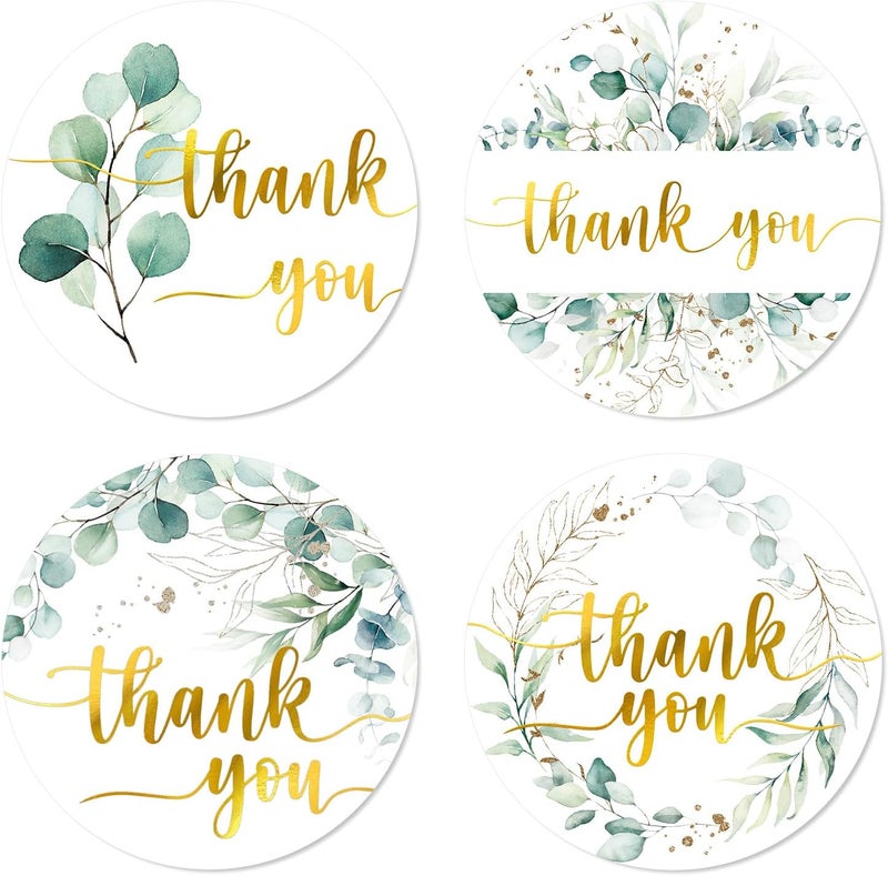 Whaline 1000 Pcs Greenery Thank You Stickers Roll Eucalyptus Gold Foil Thank You Seal Stickers Leaves Self-Adhesive Decals for Wedding Small Business Baby Shower Envelope Card, 4 Designs - Image 1